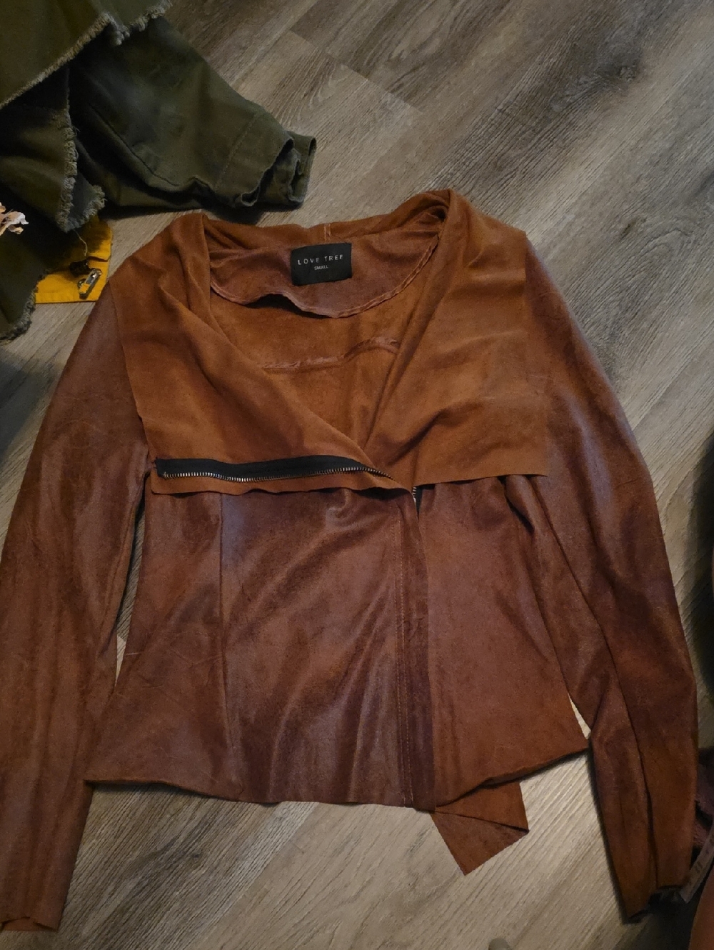 Love Tree Brown Faux Suede Draped Zip-Front Jacket